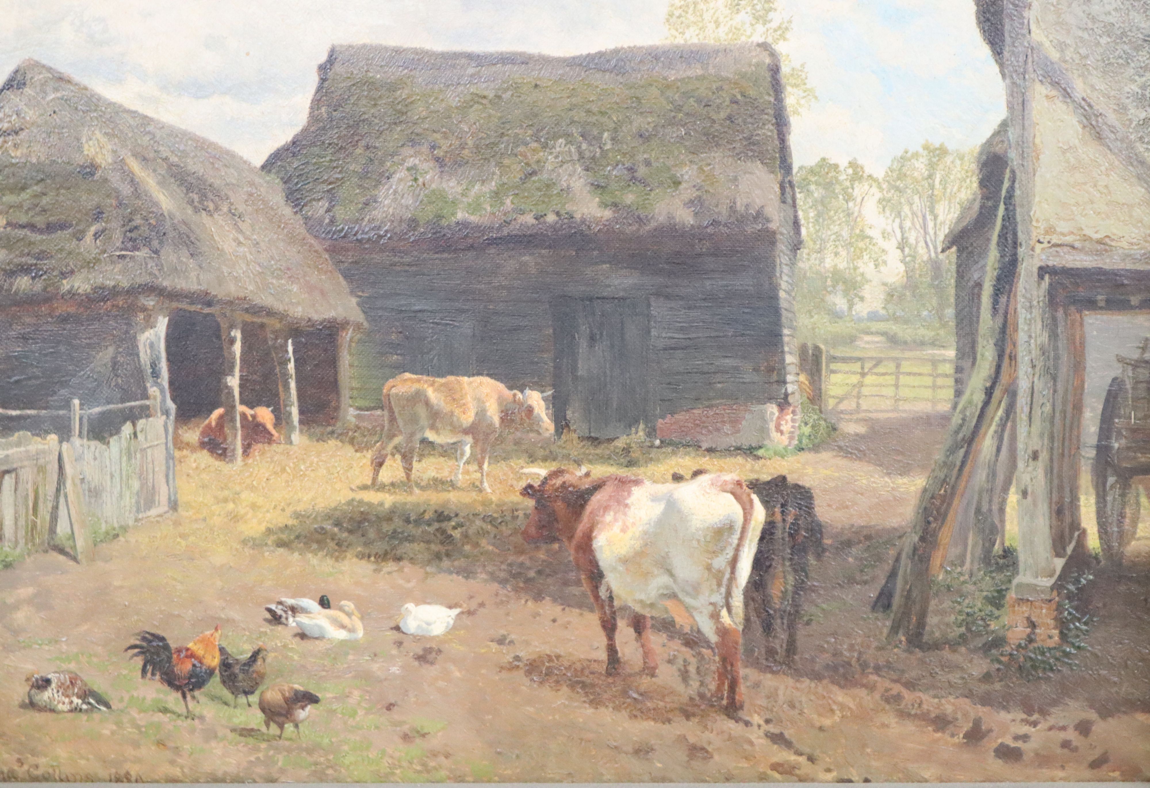 Charles Collins (1851-1921) oil on canvas, Cows, ducks and chickens in a farmyard, signed and dated 1880, 30 x 40cm.